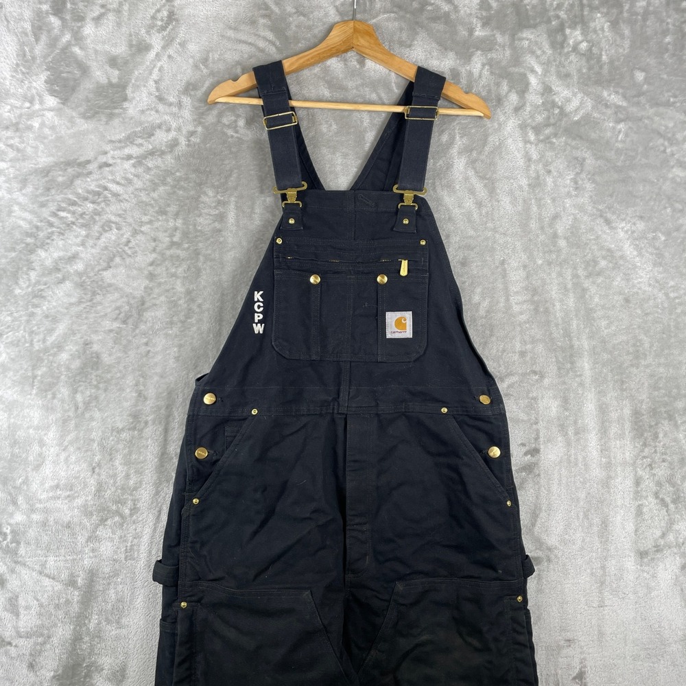 Carhartt Bib Overalls Men 38x36 Black R41-BLK Double Front Workwear KCPW Logo